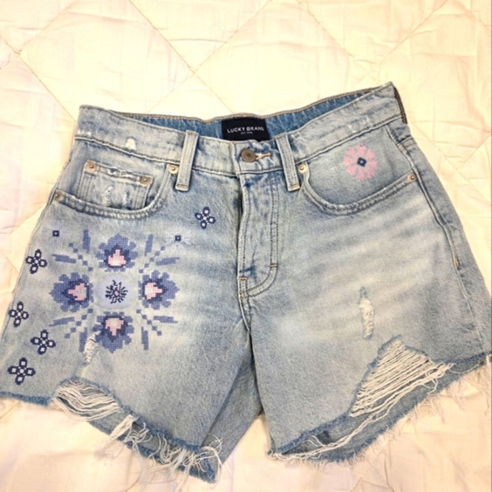 Lucky Brand Midi High Rise Jean Shorts Light Wash Floral 00/24 Cutoff Festival